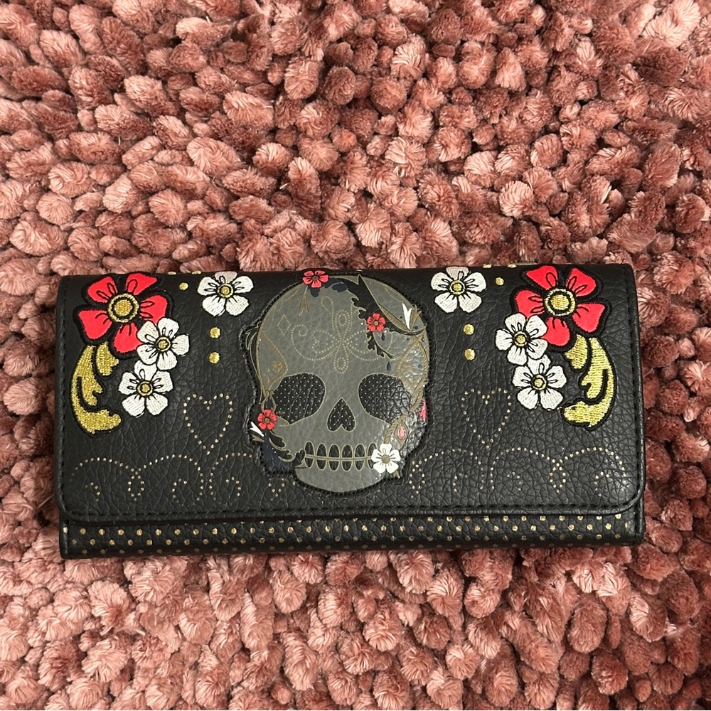 Loungefly Floral Skull Accordion Wallet with Red & Gold Accents